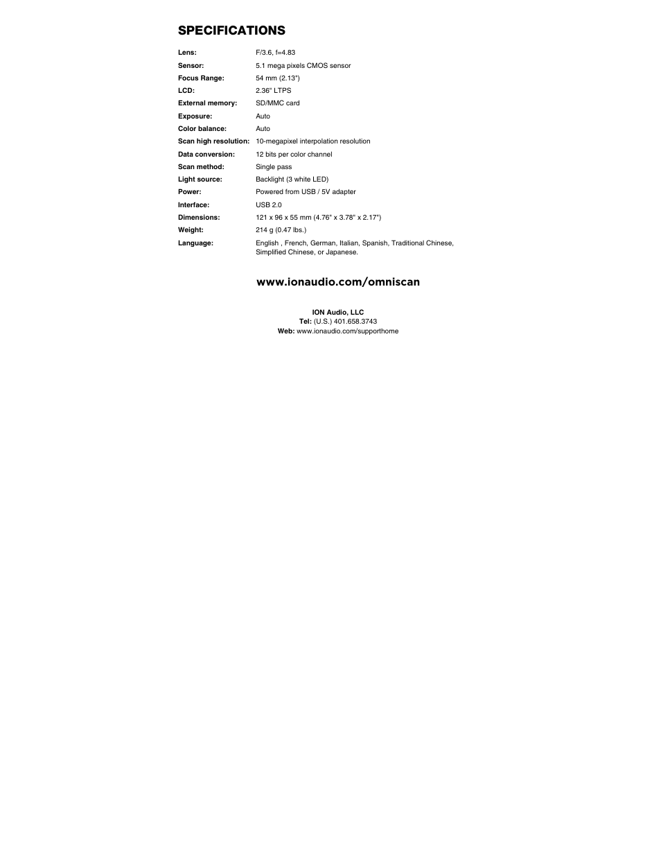 Specifications | ION Audio Omni Scan User Manual | Page 33 / 36