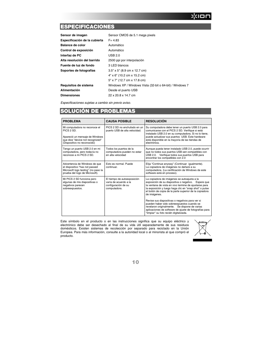 Especificaciones, Solución de problemas | ION Audio Pics 2 SD User Manual | Page 11 / 32