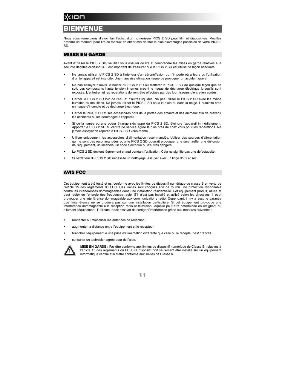 Français, Bienvenue, Mises en garde | Avis fcc | ION Audio Pics 2 SD User Manual | Page 12 / 32