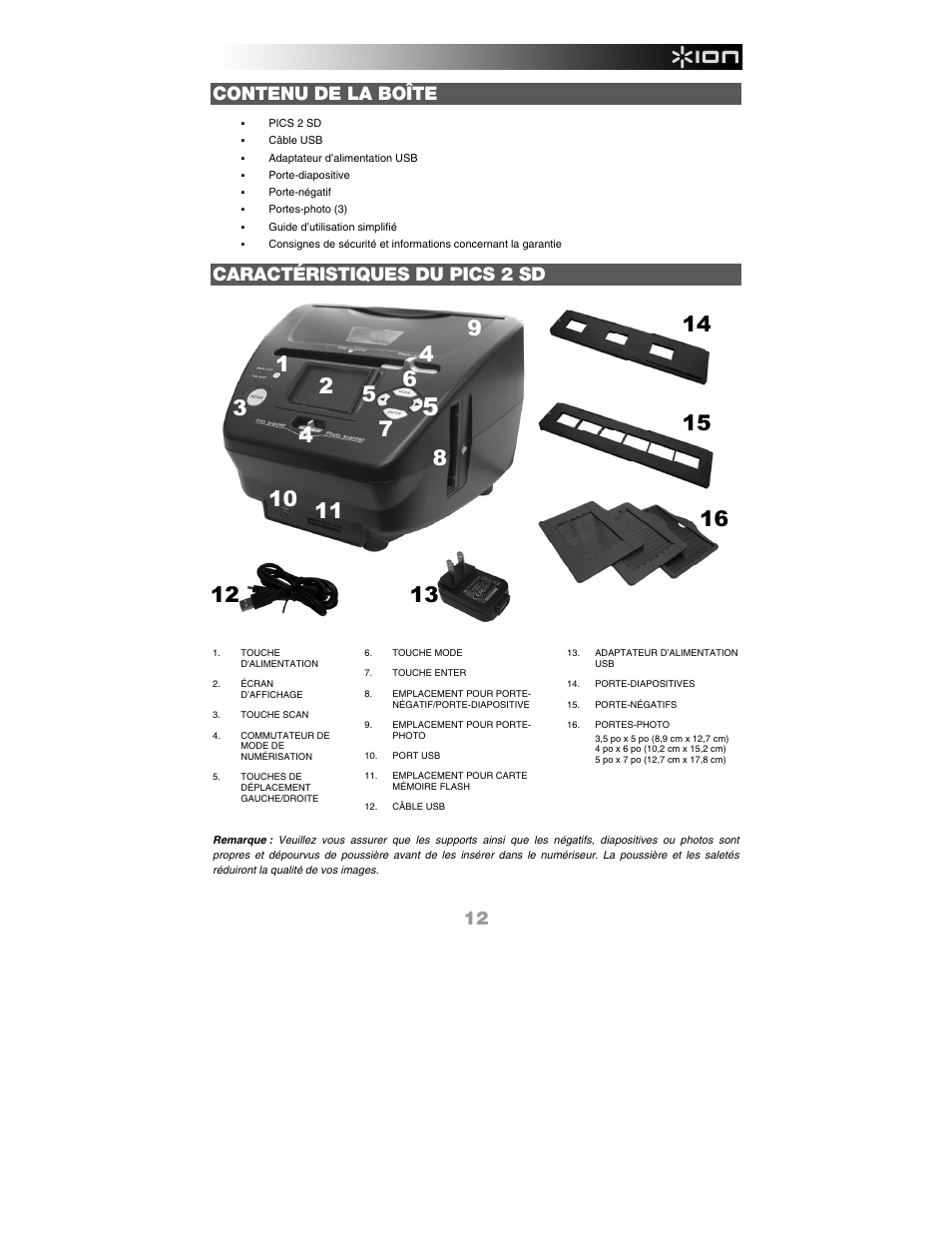 Contenu de la boîte, Caractéristiques du pics 2 sd | ION Audio Pics 2 SD User Manual | Page 13 / 32