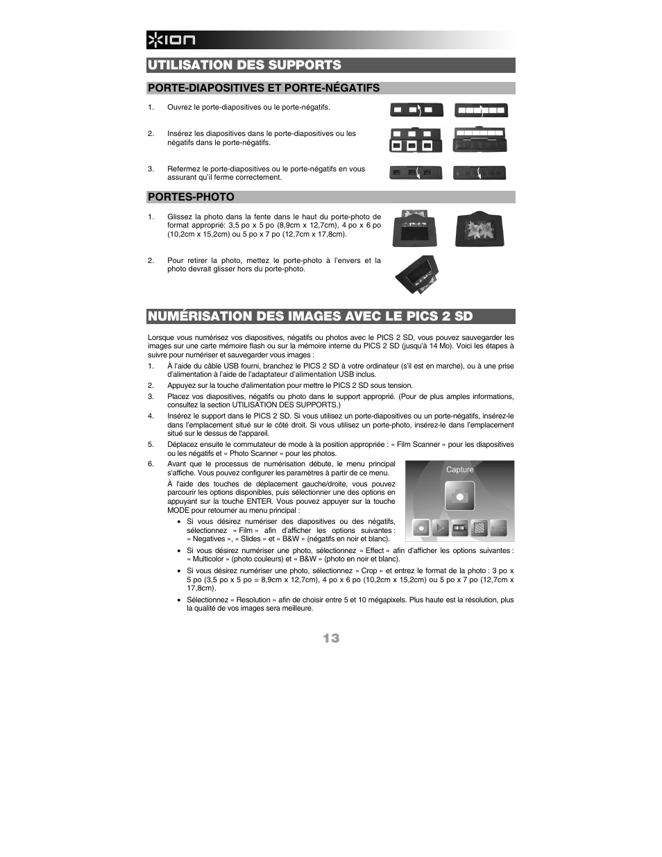 Utilisation des supports, Numérisation des images avec le pics 2 sd, Porte-diapositives et porte-négatifs | Portes-photo | ION Audio Pics 2 SD User Manual | Page 14 / 32