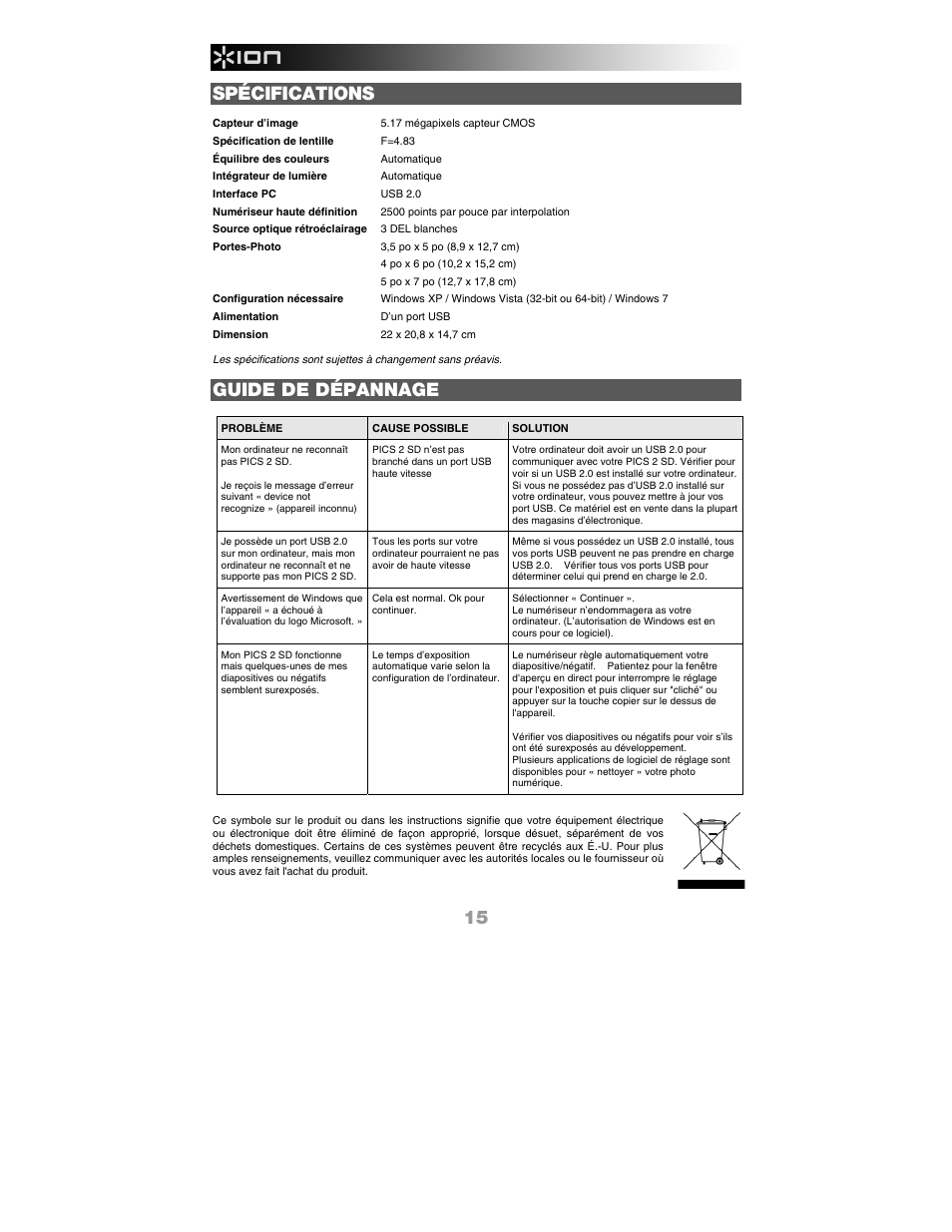 Spécifications, Guide de dépannage | ION Audio Pics 2 SD User Manual | Page 16 / 32