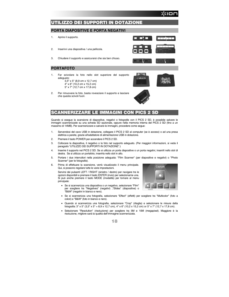 Utilizzo dei supporti in dotazione, Scannerizzare le immagini con pics 2 sd, Porta diapositive e porta negativi | Portafoto | ION Audio Pics 2 SD User Manual | Page 19 / 32