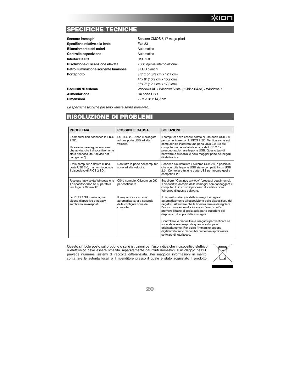 Specifiche tecniche, Risoluzione di problemi | ION Audio Pics 2 SD User Manual | Page 21 / 32