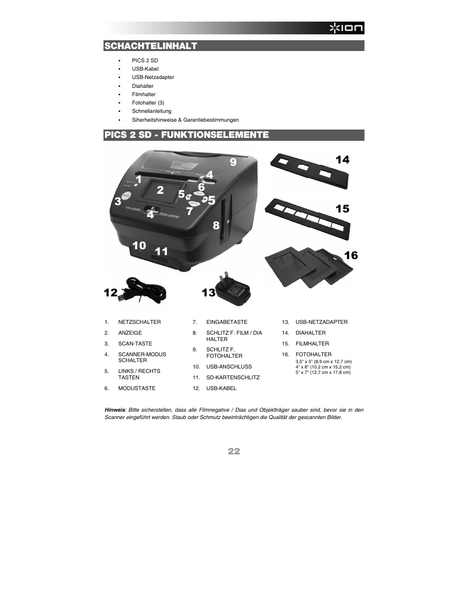 Schachtelinhalt, Pics 2 sd - funktionselemente | ION Audio Pics 2 SD User Manual | Page 23 / 32