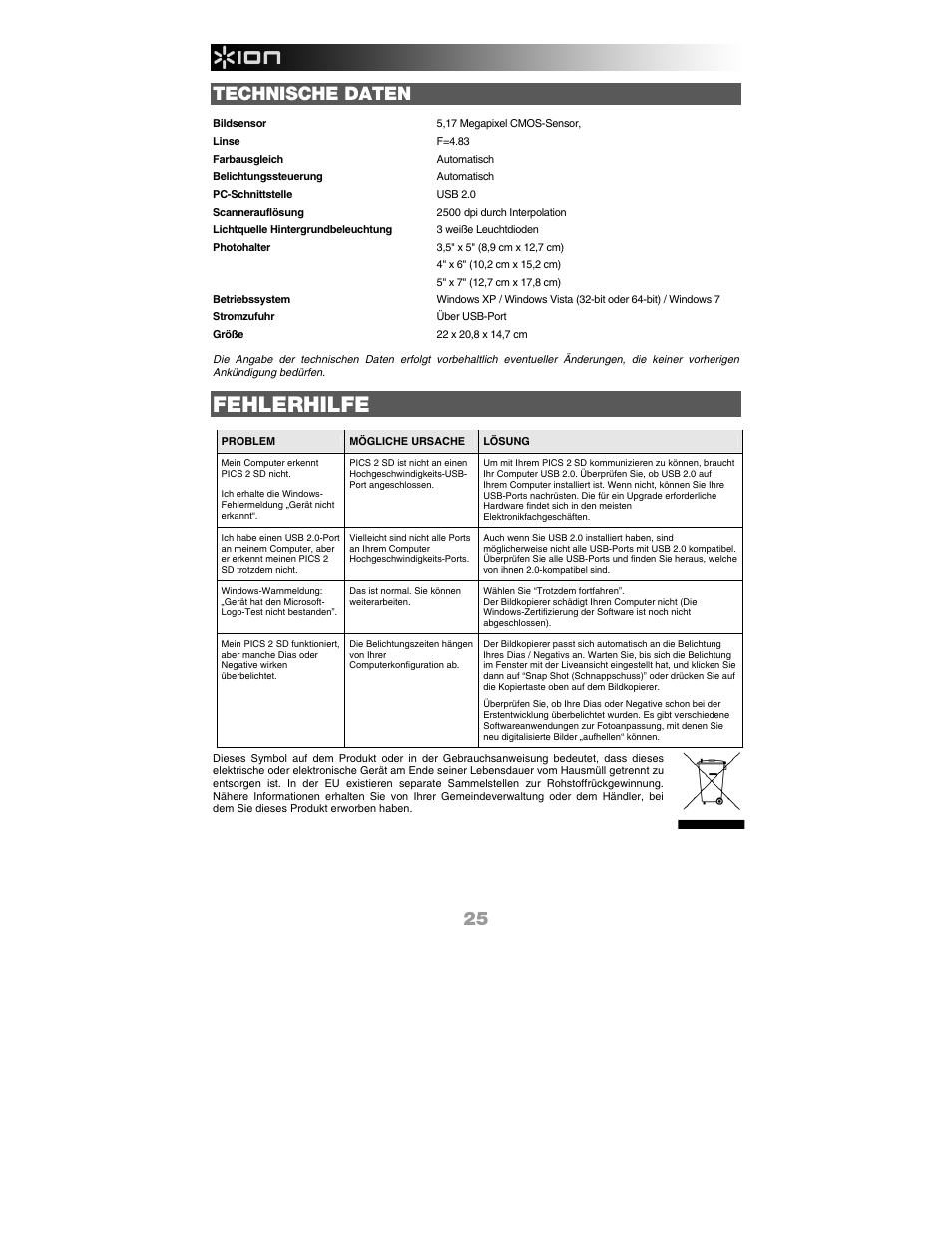 Technische daten, Fehlerhilfe | ION Audio Pics 2 SD User Manual | Page 26 / 32