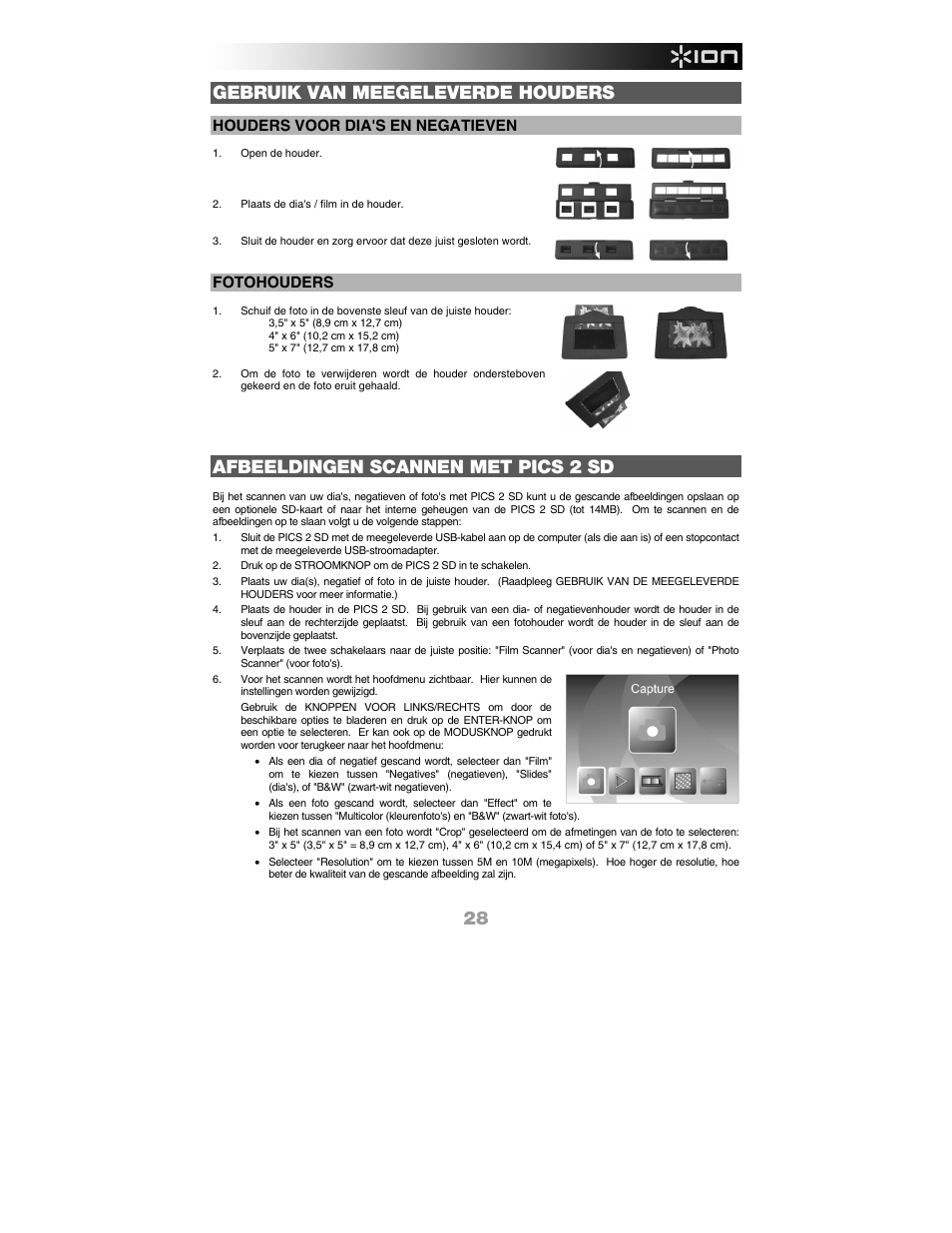 Gebruik van meegeleverde houders, Afbeeldingen scannen met pics 2 sd, Houders voor dia's en negatieven | Fotohouders | ION Audio Pics 2 SD User Manual | Page 29 / 32
