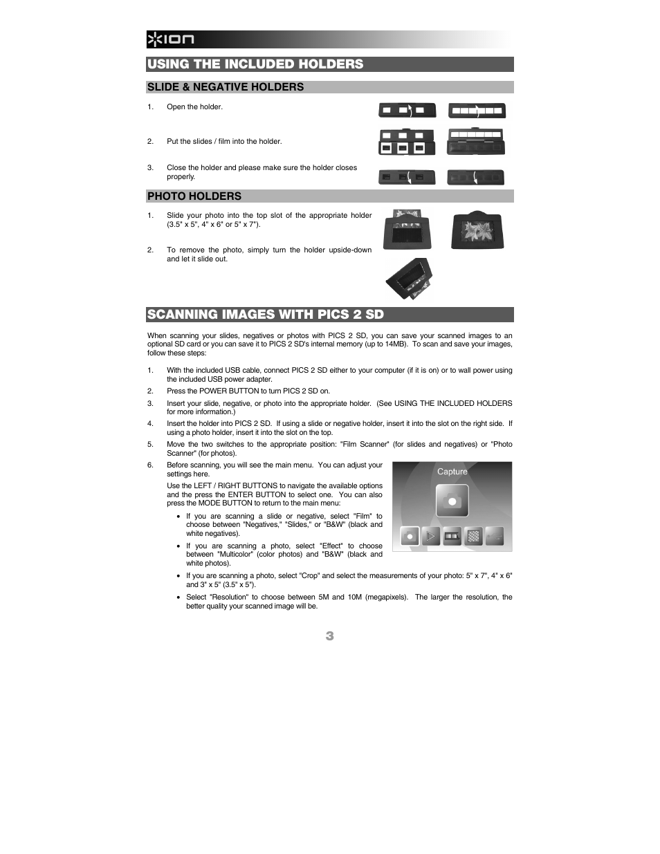 Using the included holders, Scanning images with pics 2 sd, Slide & negative holders | Photo holders | ION Audio Pics 2 SD User Manual | Page 4 / 32