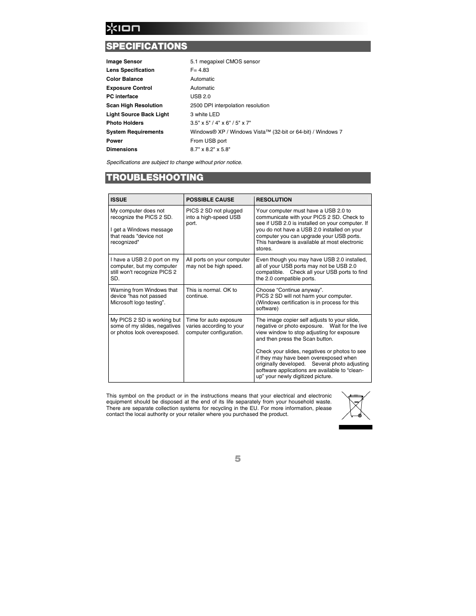 Specifications, Troubleshooting | ION Audio Pics 2 SD User Manual | Page 6 / 32