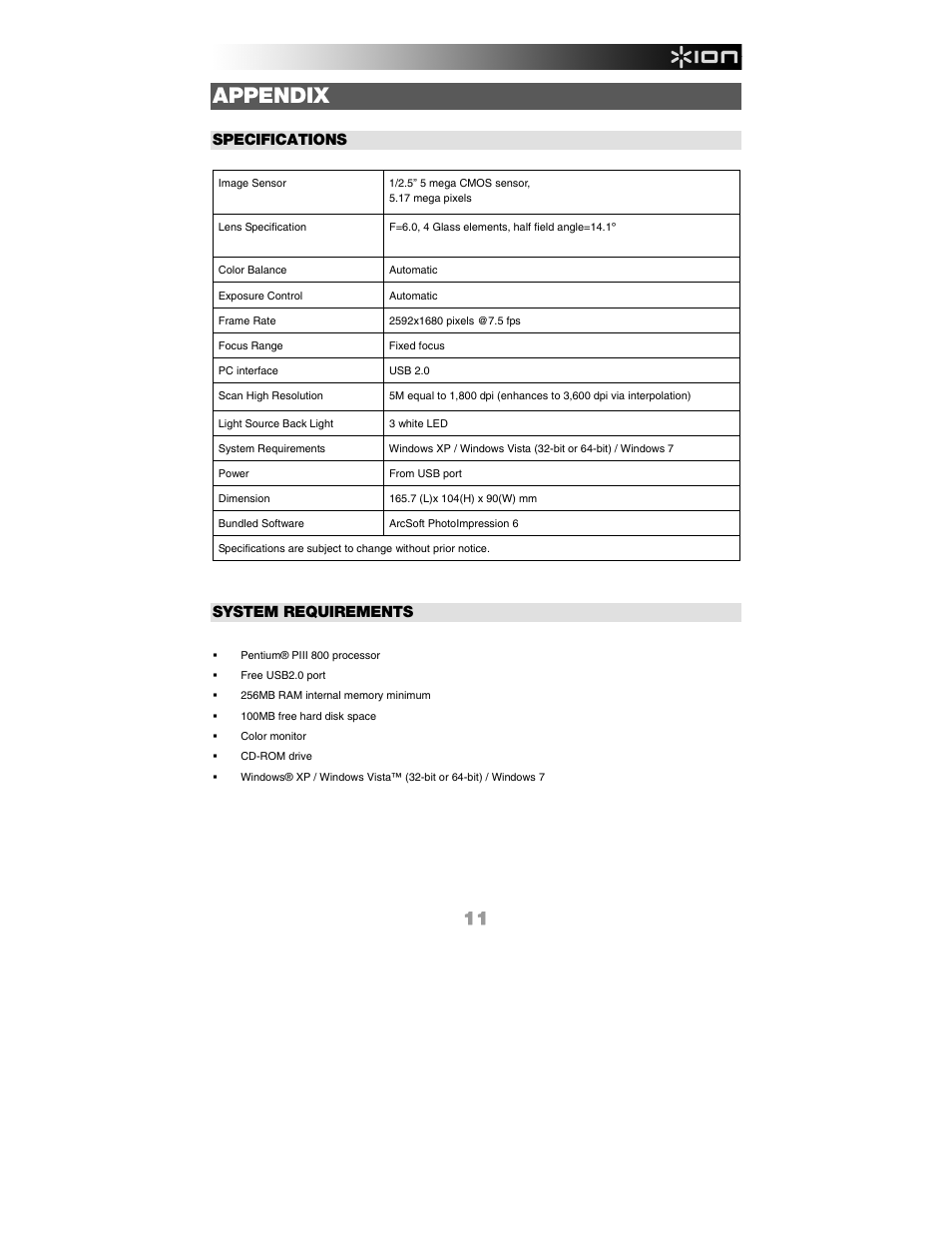 Appendix, Specifications, System requirements | ION Audio Slides 2 PC User Manual | Page 11 / 64