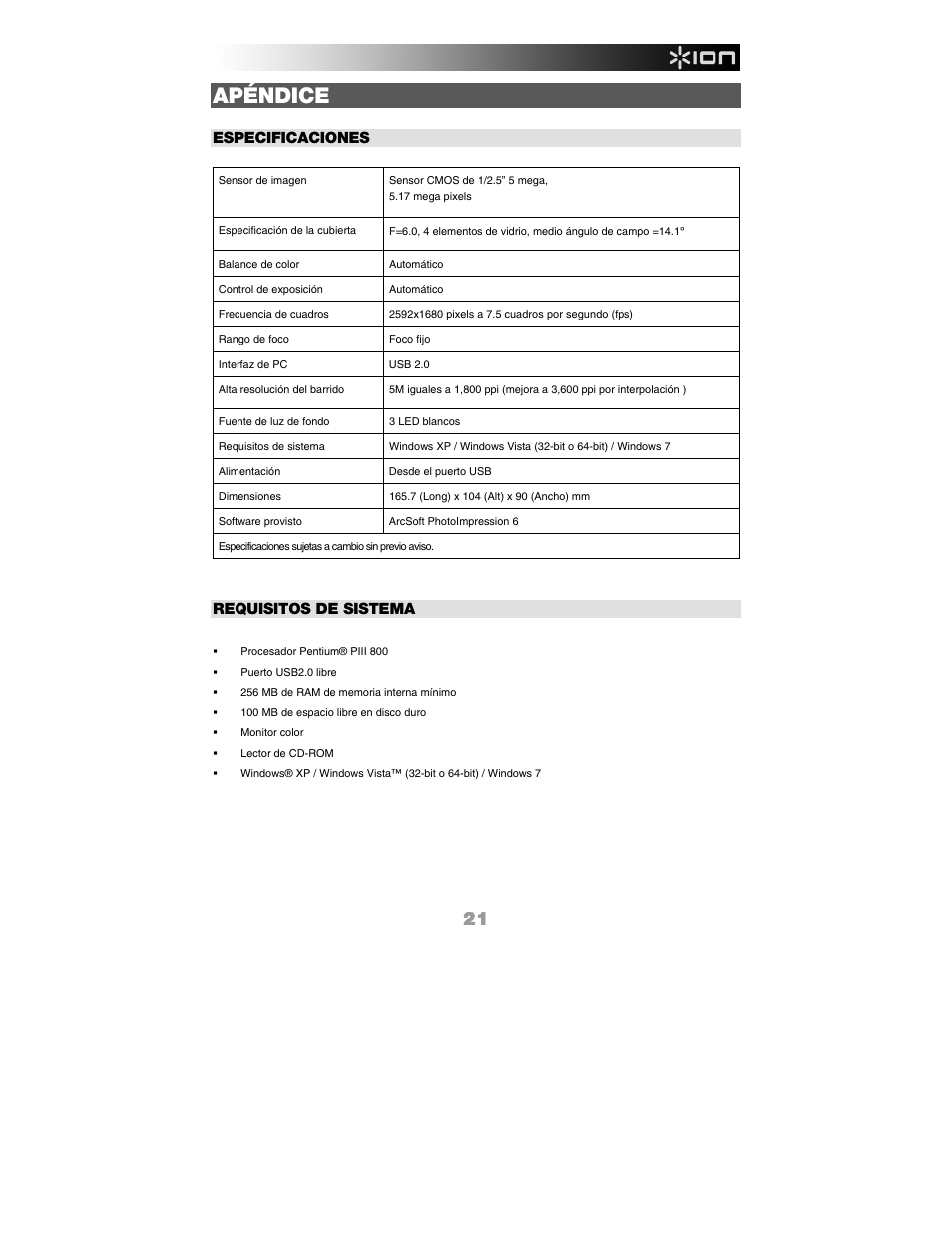 Apéndice, Especificaciones, Requisitos de sistema | ION Audio Slides 2 PC User Manual | Page 21 / 64