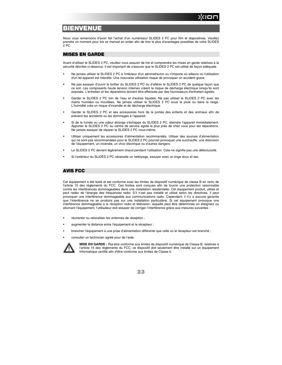 Français, Bienvenue, Mises en garde | Avis fcc | ION Audio Slides 2 PC User Manual | Page 23 / 64