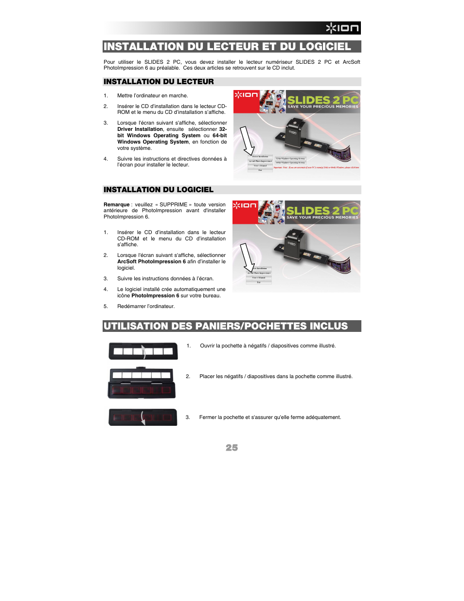 Installation du lecteur et du logiciel, Utilisation des paniers/pochettes inclus, Installation du lecteur | Installation du logiciel | ION Audio Slides 2 PC User Manual | Page 25 / 64