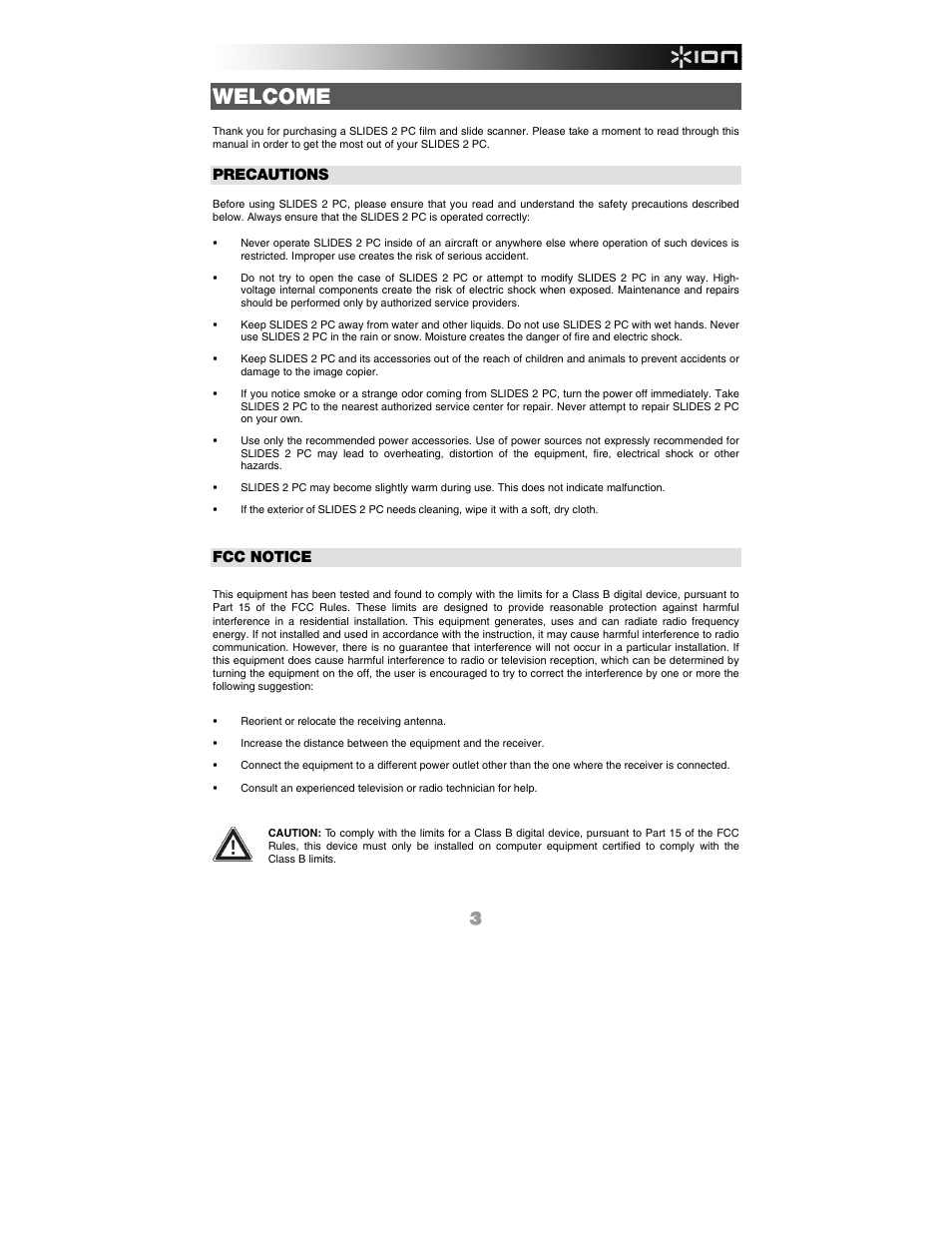 English, Welcome, Precautions | Fcc notice | ION Audio Slides 2 PC User Manual | Page 3 / 64