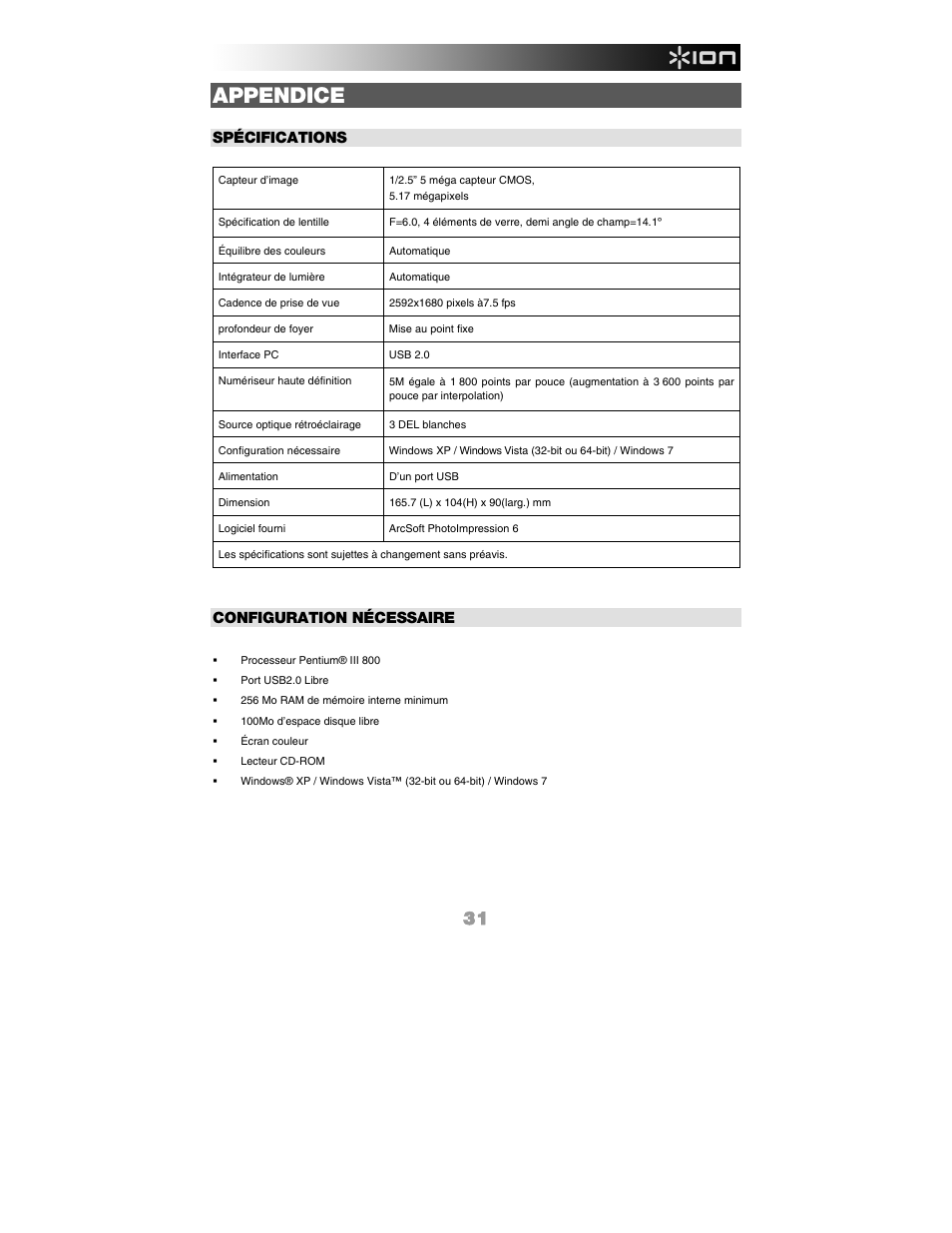 Appendice, Spécifications, Configuration nécessaire | ION Audio Slides 2 PC User Manual | Page 31 / 64