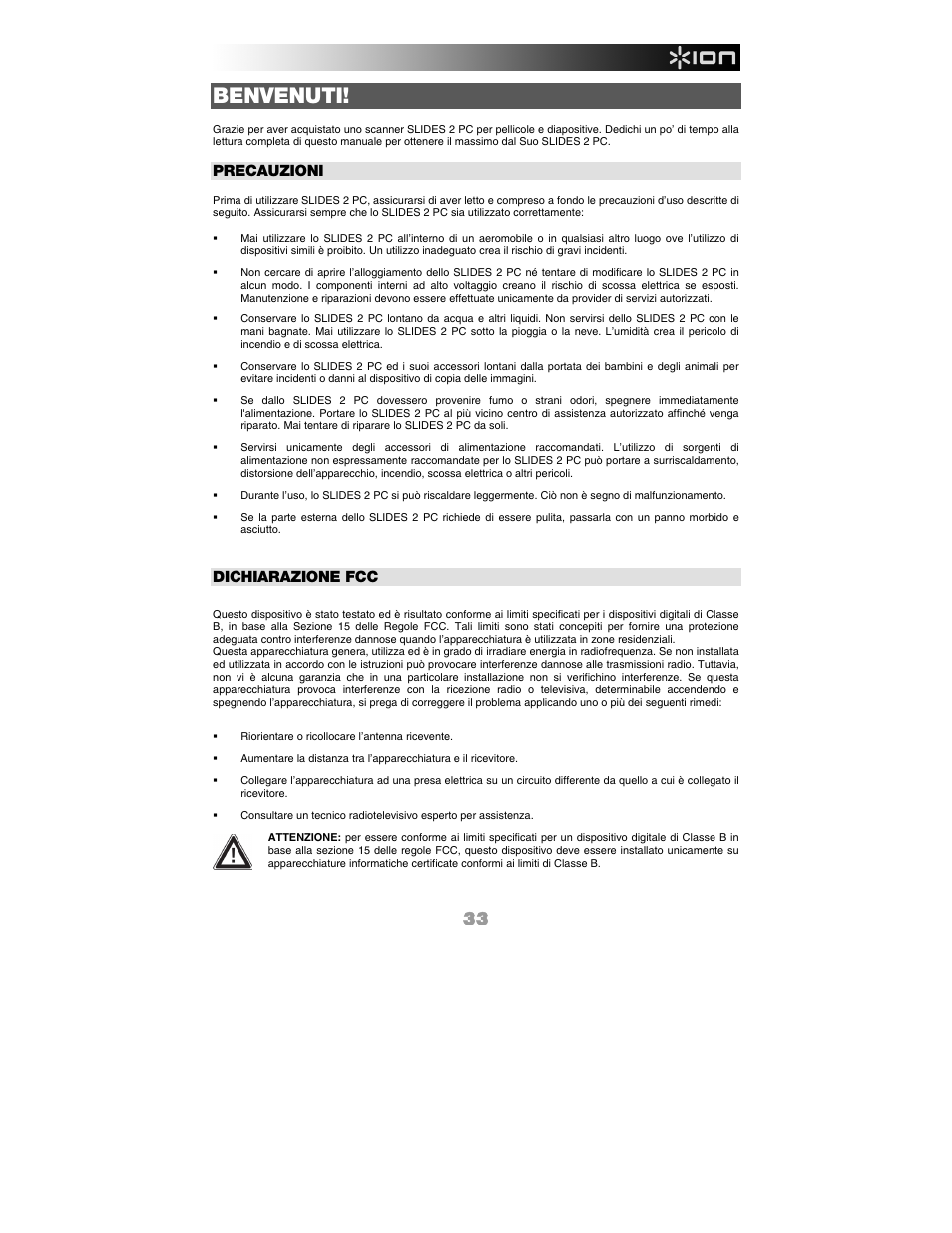 Italiano, Benvenuti, Precauzioni | Dichiarazione fcc | ION Audio Slides 2 PC User Manual | Page 33 / 64