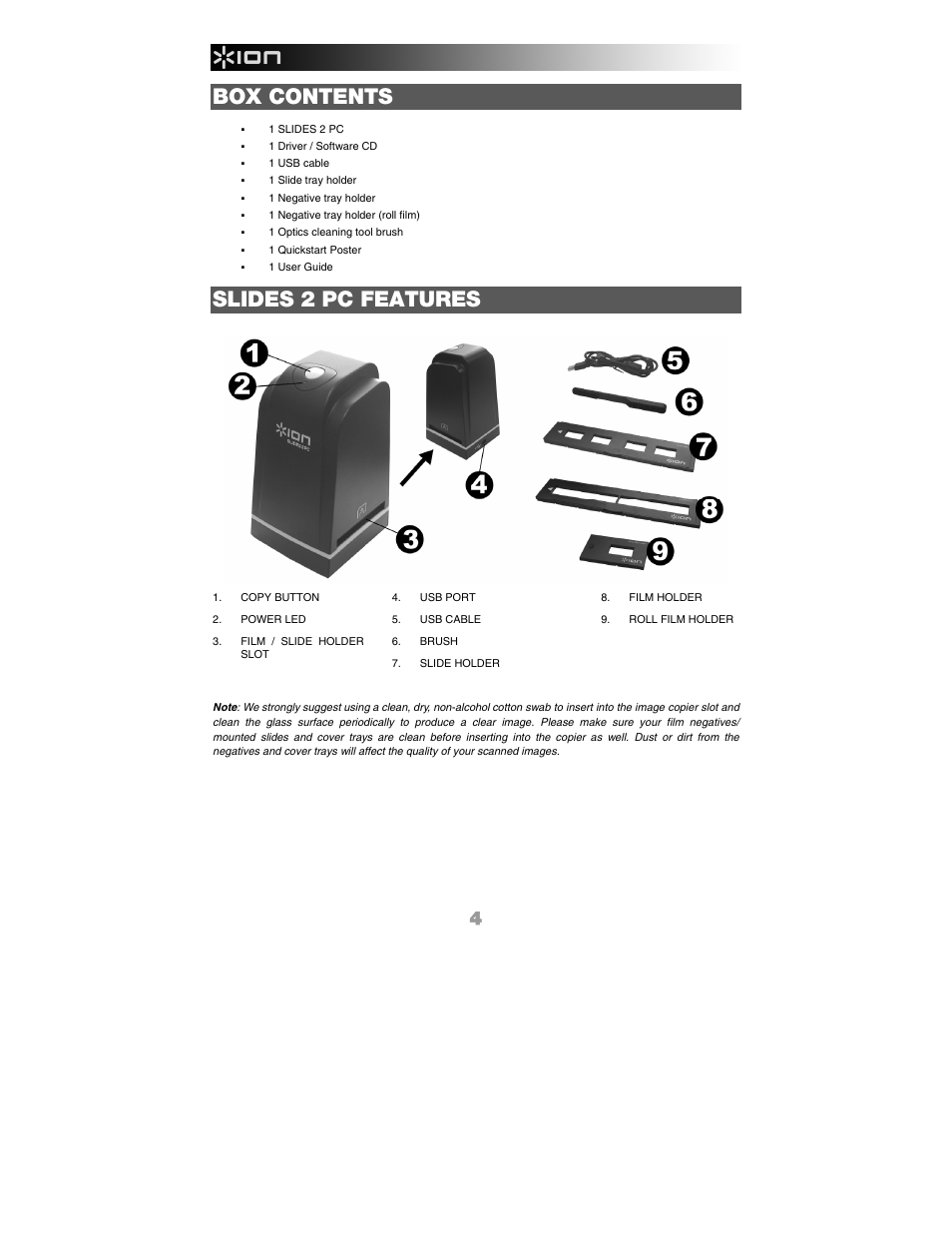 Box contents, Slides 2 pc features | ION Audio Slides 2 PC User Manual | Page 4 / 64
