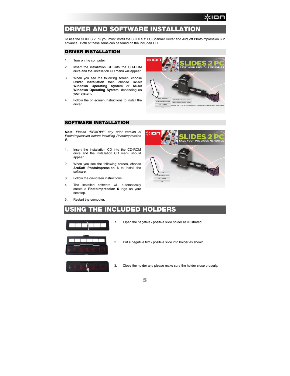 Driver and software installation, Using the included holders, Driver installation | Software installation | ION Audio Slides 2 PC User Manual | Page 5 / 64