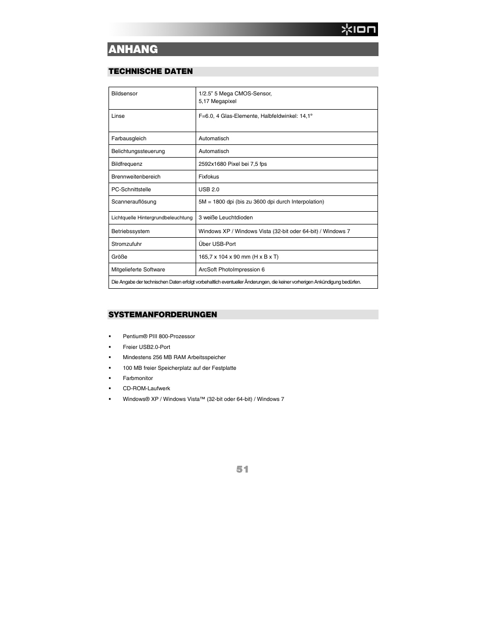 Anhang, Technische daten, Systemanforderungen | ION Audio Slides 2 PC User Manual | Page 51 / 64