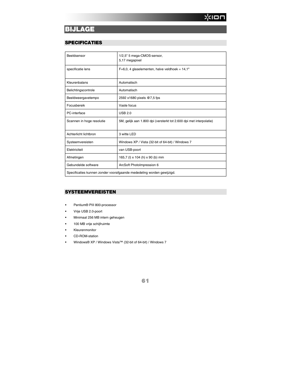 Bijlage, Specificaties, Systeemvereisten | ION Audio Slides 2 PC User Manual | Page 61 / 64