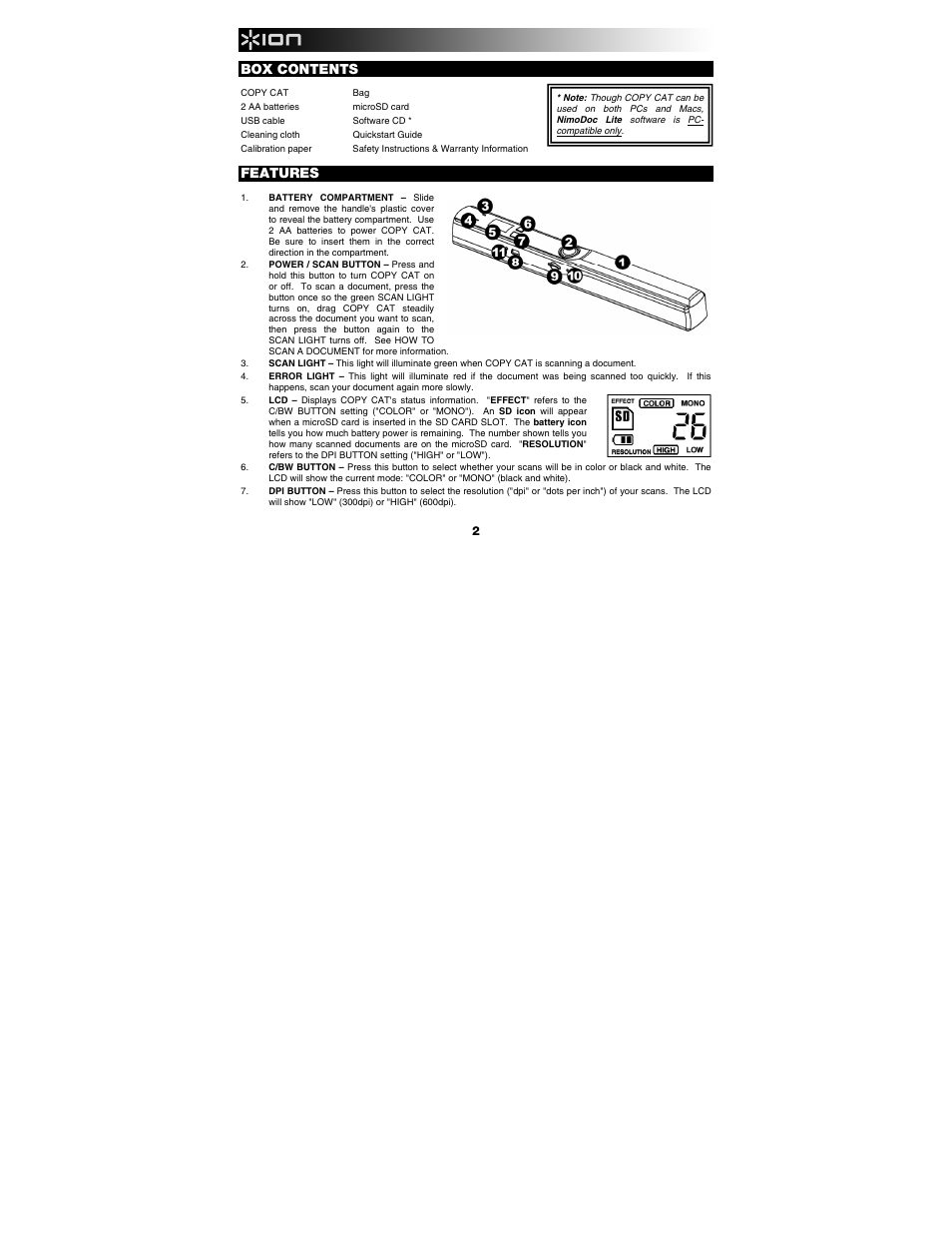 Box contents, Features | ION Audio Copy Cat User Manual | Page 2 / 56