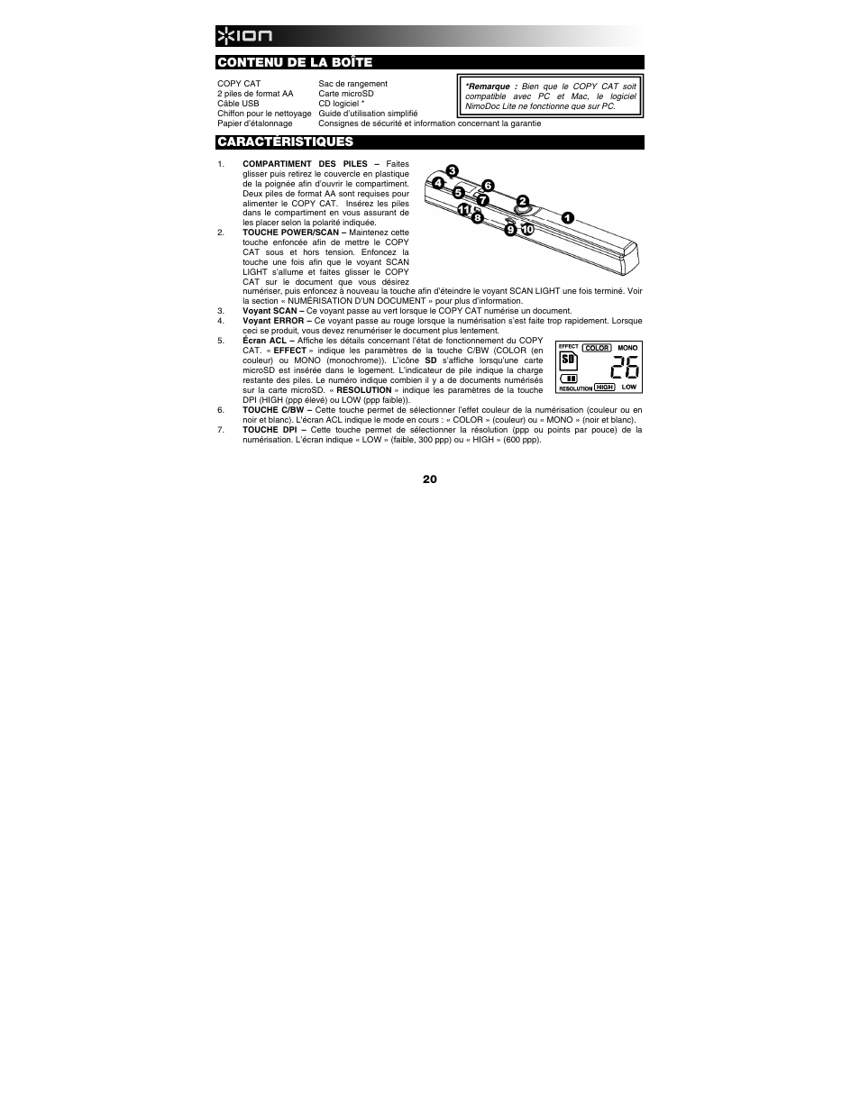 Contenu de la boîte, Caractéristiques | ION Audio Copy Cat User Manual | Page 20 / 56