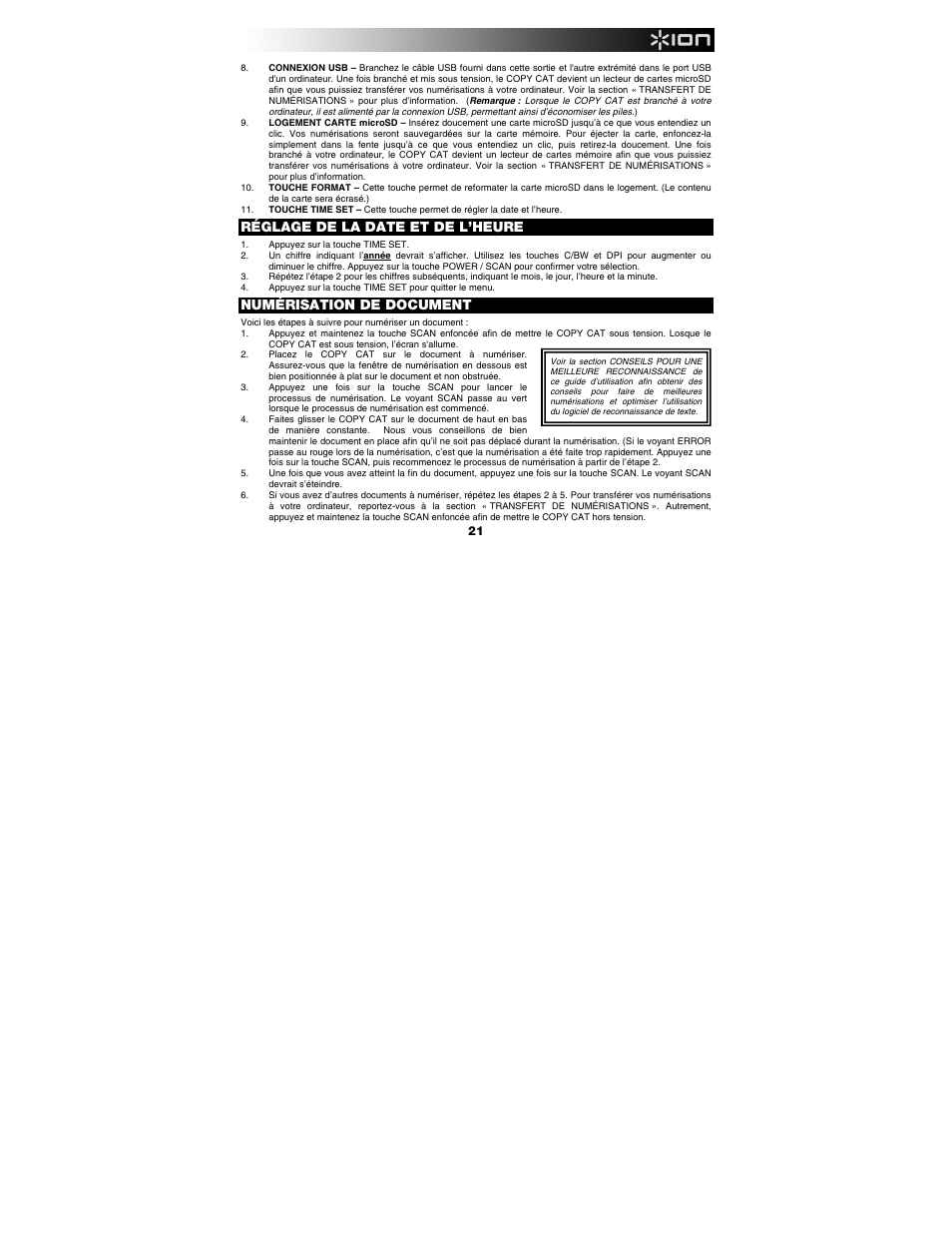 Réglage de la date et de l’heure, Numérisation de document | ION Audio Copy Cat User Manual | Page 21 / 56