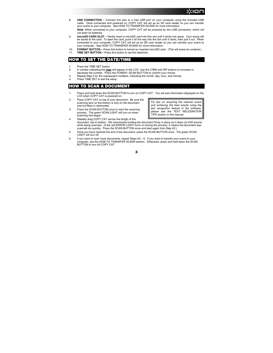 How to set the date/time, How to scan a document | ION Audio Copy Cat User Manual | Page 3 / 56