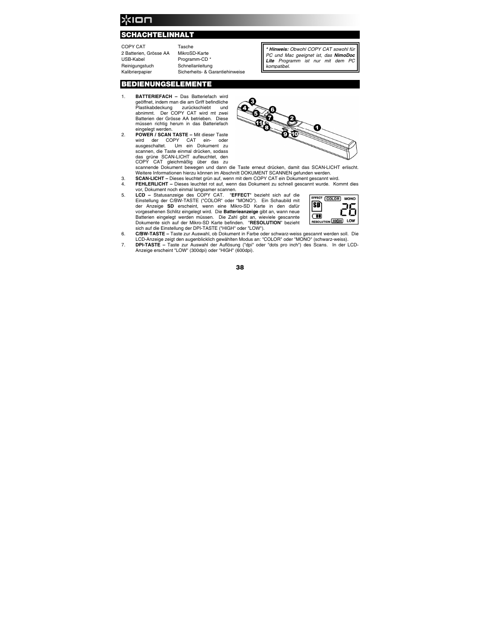 Schachtelinhalt, Bedienungselemente | ION Audio Copy Cat User Manual | Page 38 / 56