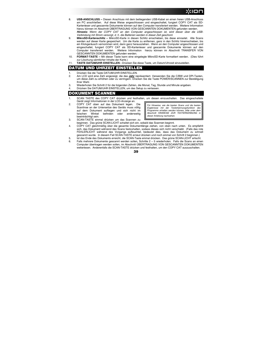 Datum und uhrzeit einstellen, Dokument scannen | ION Audio Copy Cat User Manual | Page 39 / 56