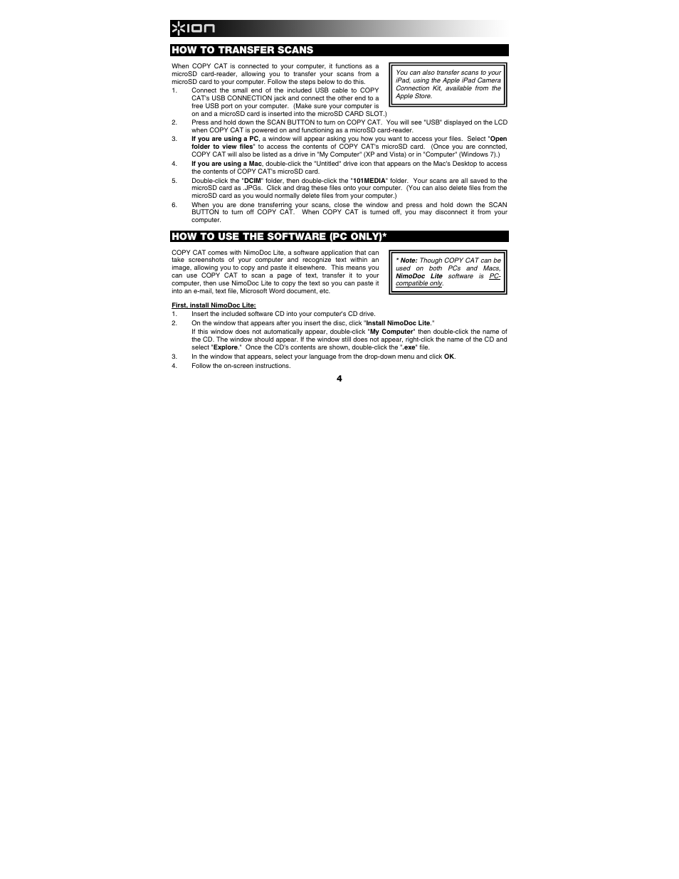 How to transfer scans, How to use the software (pc only) | ION Audio Copy Cat User Manual | Page 4 / 56