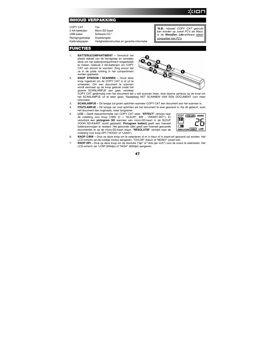Inhoud verpakking, Functies | ION Audio Copy Cat User Manual | Page 47 / 56