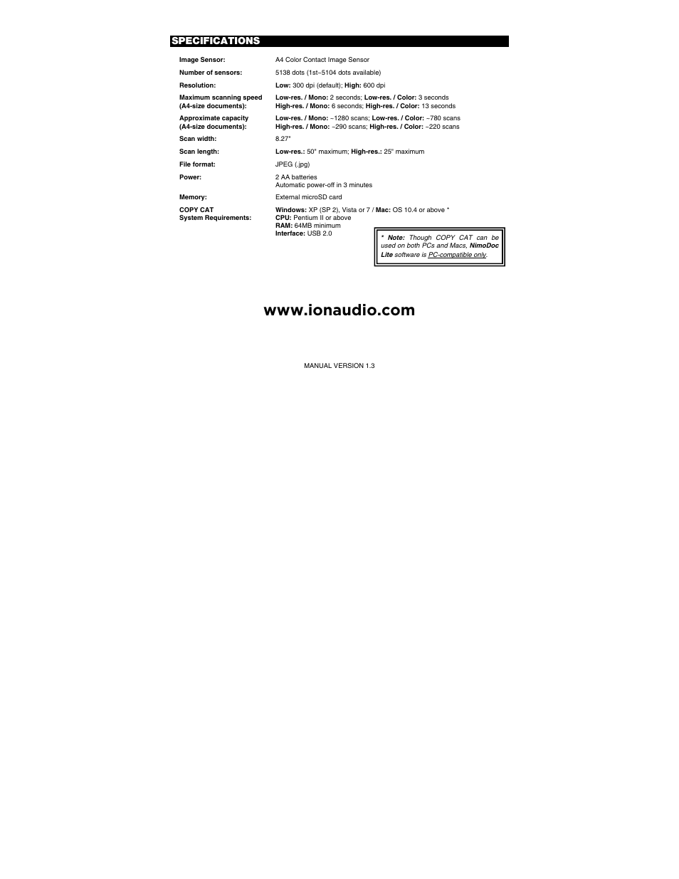 Specifications | ION Audio Copy Cat User Manual | Page 56 / 56
