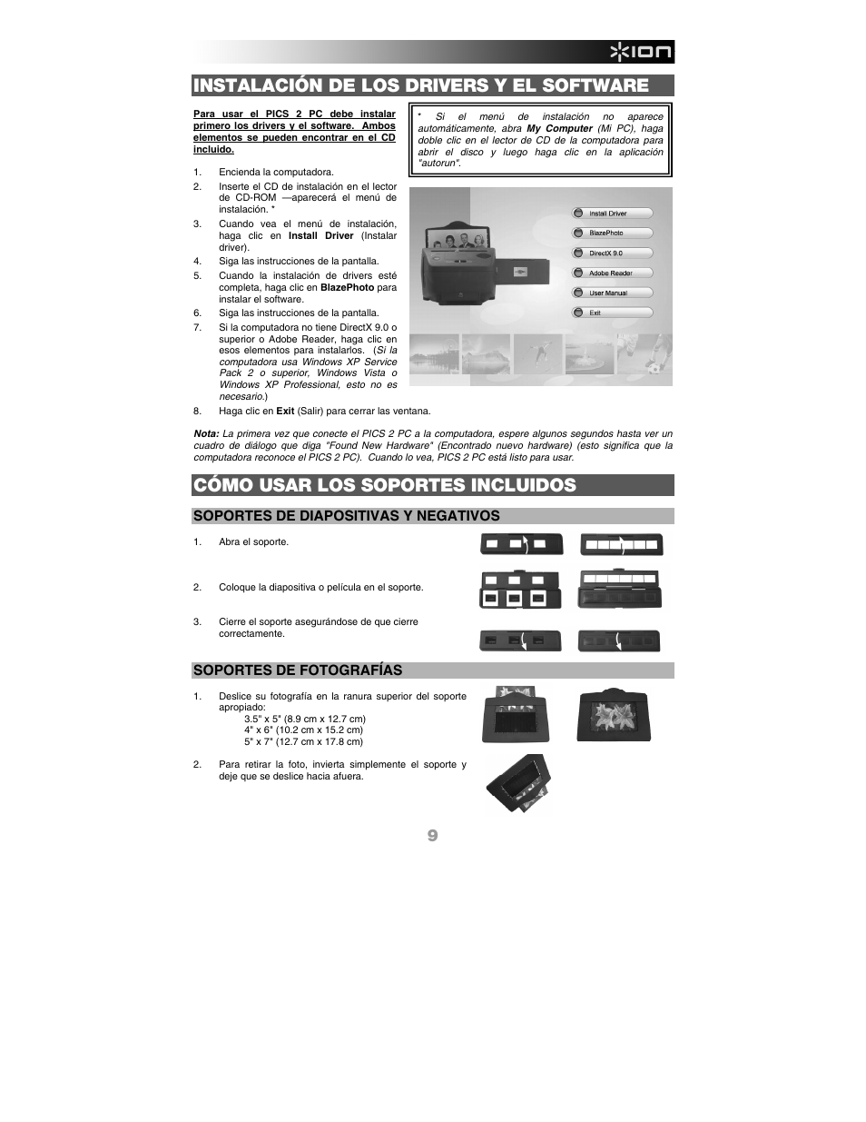 Instalación de los drivers y el software, Cómo usar los soportes incluidos, Soportes de diapositivas y negativos | Soportes de fotografías | ION Audio Pics 2 PC User Manual | Page 11 / 40