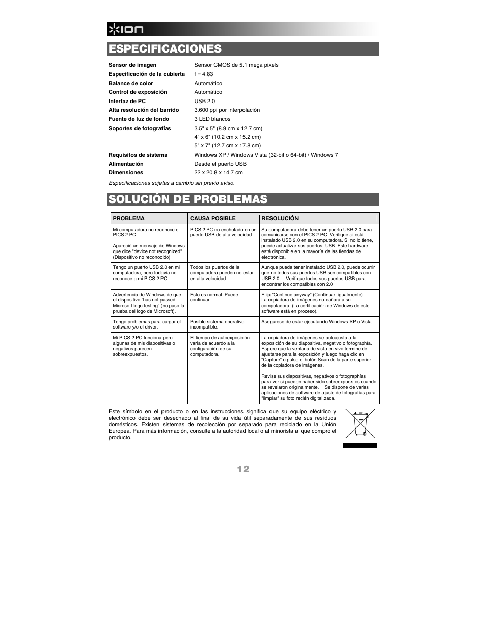 Especificaciones, Solución de problemas | ION Audio Pics 2 PC User Manual | Page 14 / 40