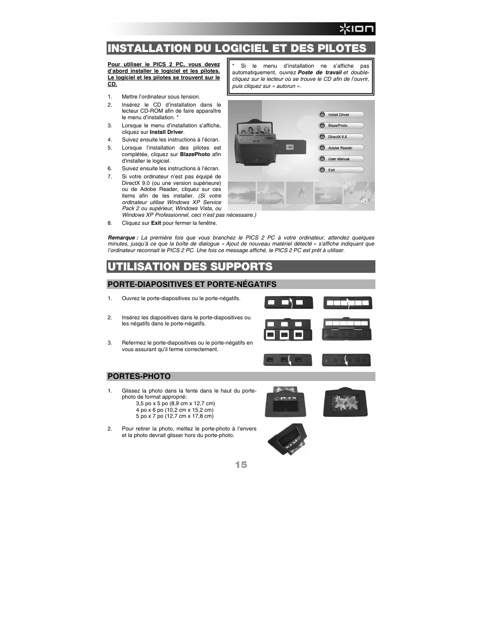 Installation du logiciel et des pilotes, Utilisation des supports, Porte-diapositives et porte-négatifs | Portes-photo | ION Audio Pics 2 PC User Manual | Page 17 / 40