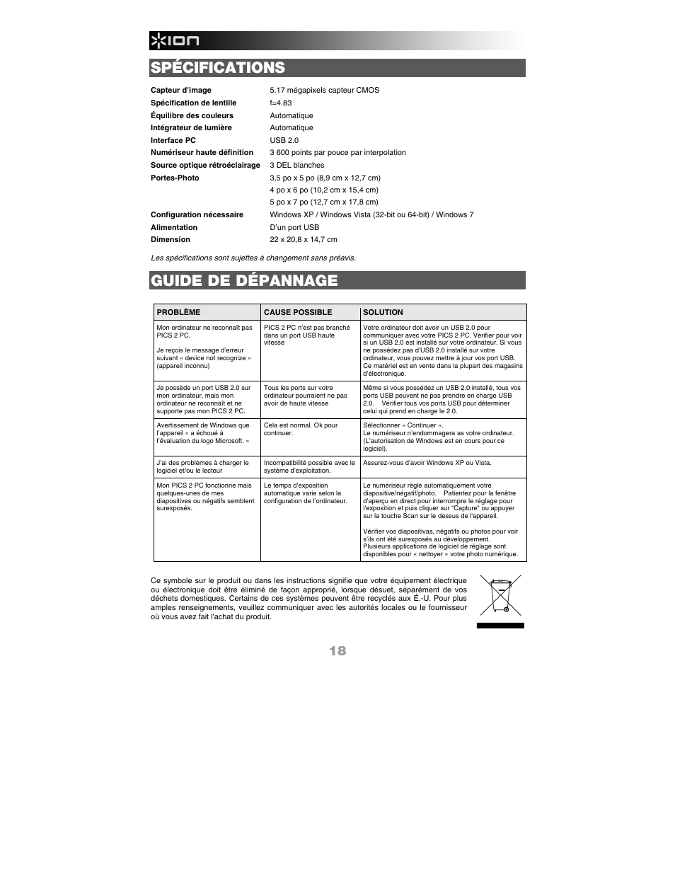 Spécifications, Guide de dépannage | ION Audio Pics 2 PC User Manual | Page 20 / 40