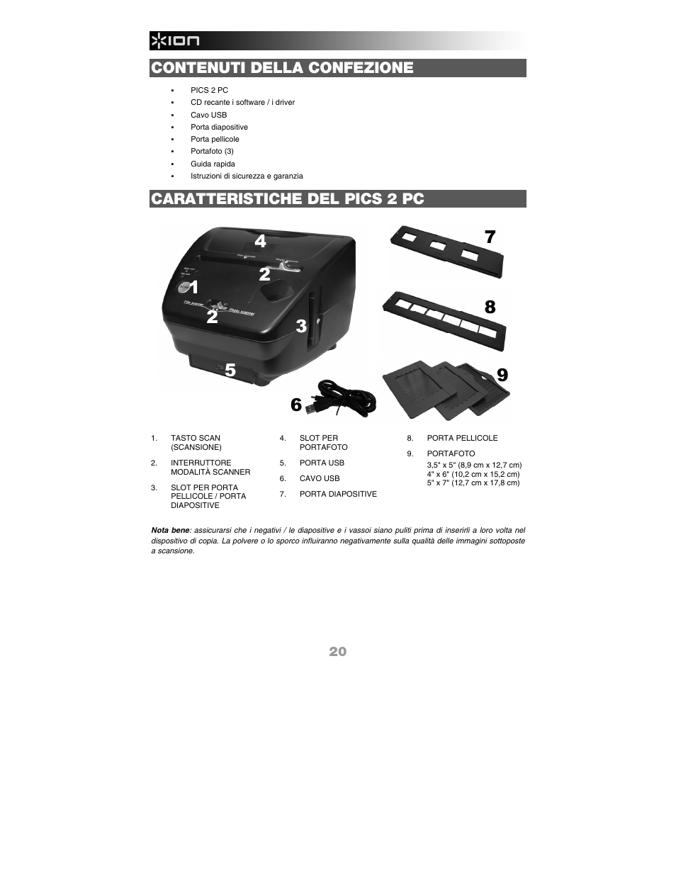 Contenuti della confezione, Caratteristiche del pics 2 pc | ION Audio Pics 2 PC User Manual | Page 22 / 40