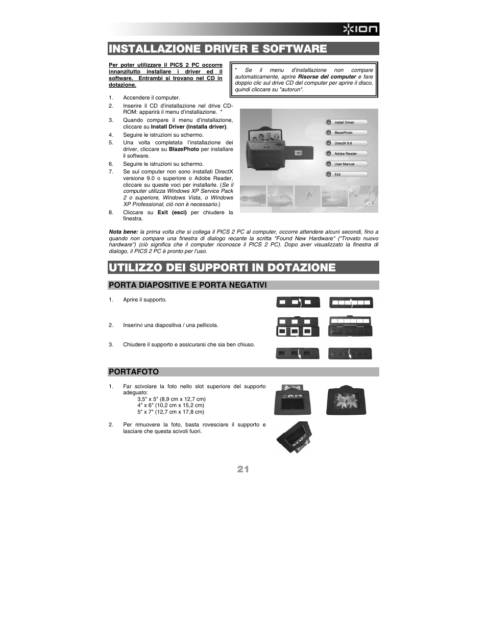 Installazione driver e software, Utilizzo dei supporti in dotazione, Porta diapositive e porta negativi | Portafoto | ION Audio Pics 2 PC User Manual | Page 23 / 40