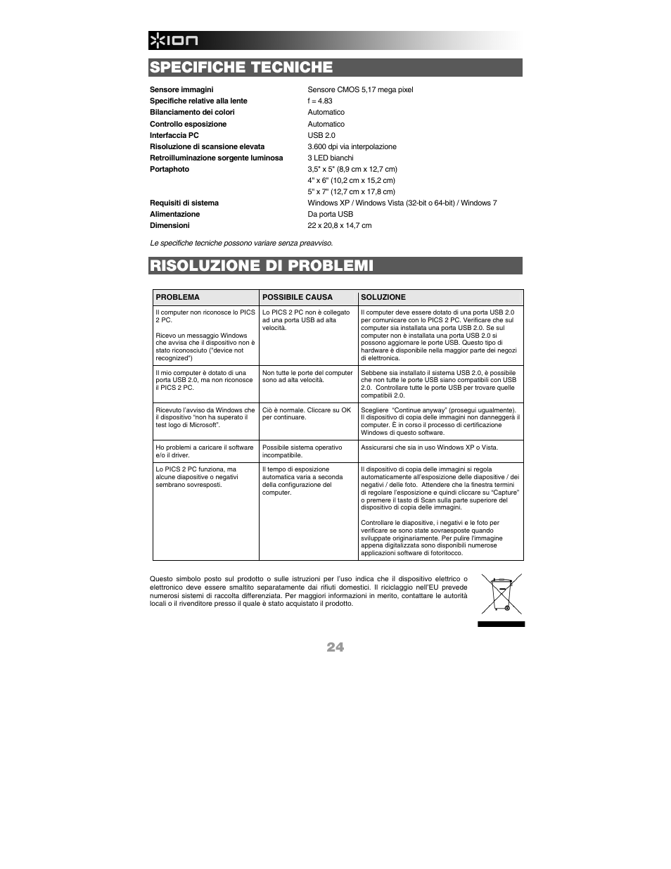 Specifiche tecniche, Risoluzione di problemi | ION Audio Pics 2 PC User Manual | Page 26 / 40