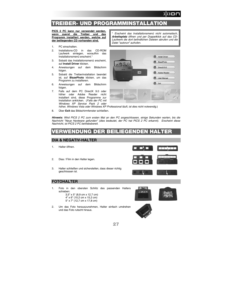 Treiber- und programminstallation, Verwendung der beiliegenden halter, Dia & negativ-halter | Fotohalter | ION Audio Pics 2 PC User Manual | Page 29 / 40
