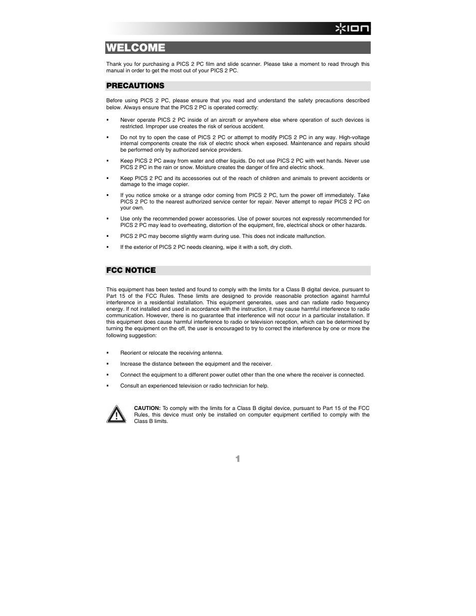 English, Welcome, Precautions | Fcc notice | ION Audio Pics 2 PC User Manual | Page 3 / 40