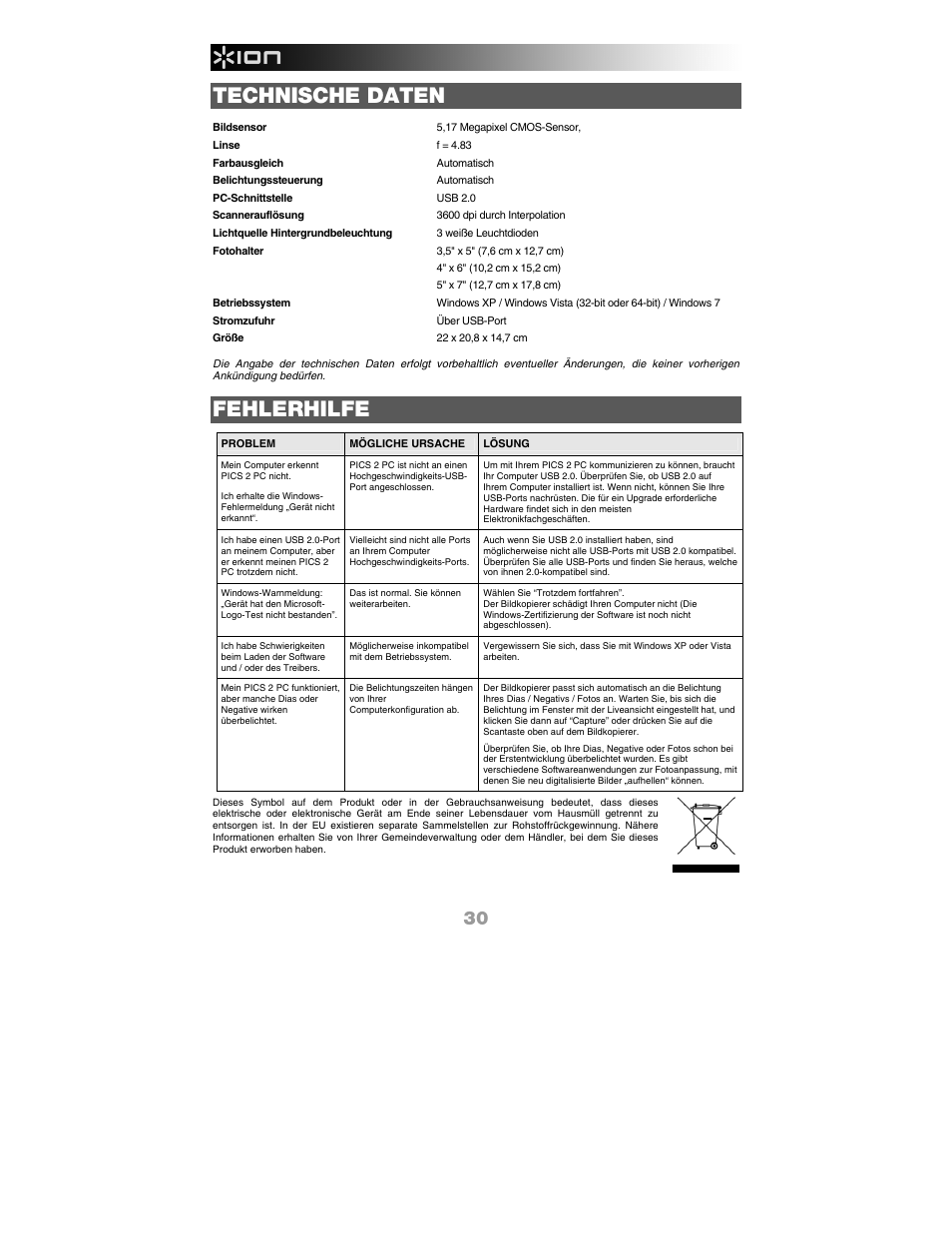 Technische daten, Fehlerhilfe | ION Audio Pics 2 PC User Manual | Page 32 / 40