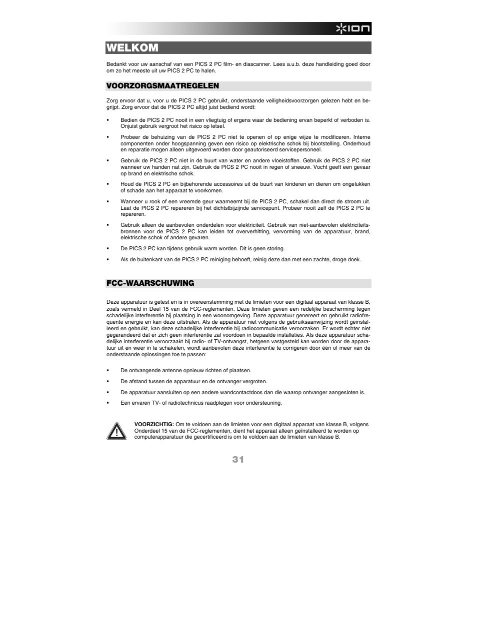 Nederlands, Welkom, Voorzorgsmaatregelen | Fcc-waarschuwing | ION Audio Pics 2 PC User Manual | Page 33 / 40