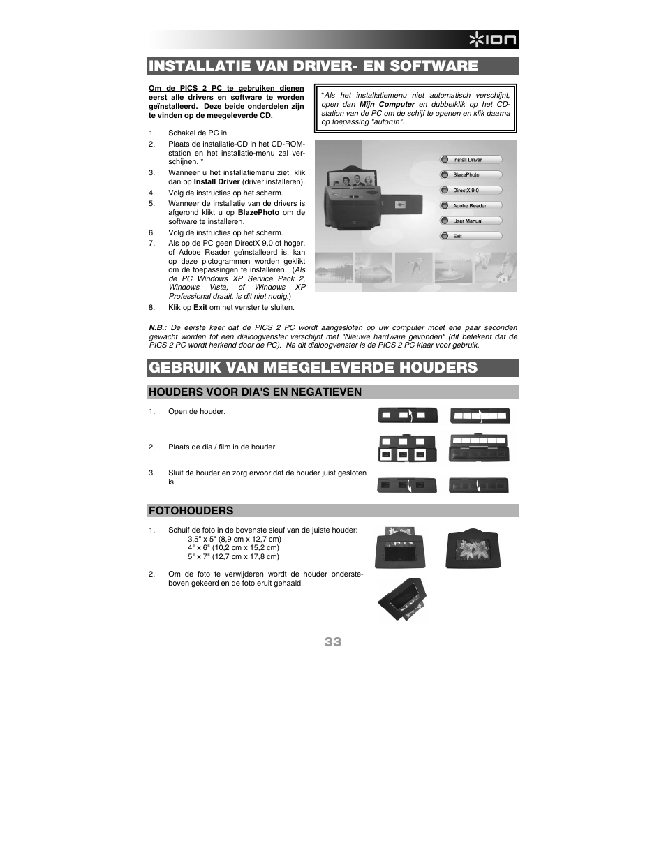 Installatie van driver- en software, Gebruik van meegeleverde houders, Houders voor dia's en negatieven | Fotohouders | ION Audio Pics 2 PC User Manual | Page 35 / 40