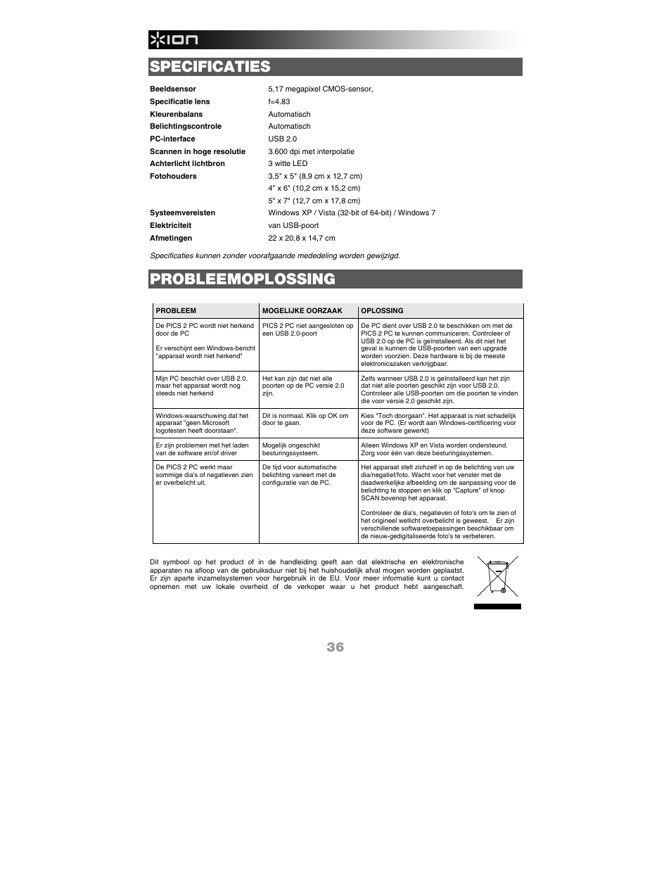 Specificaties, Probleemoplossing | ION Audio Pics 2 PC User Manual | Page 38 / 40