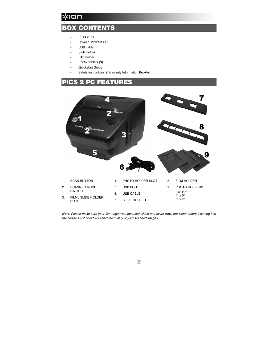 Box contents, Pics 2 pc features | ION Audio Pics 2 PC User Manual | Page 4 / 40
