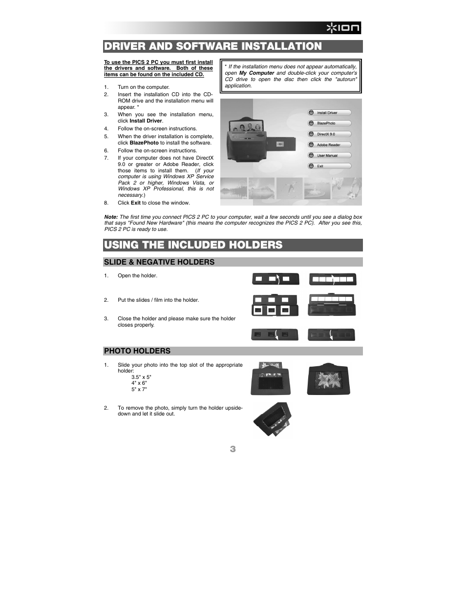 Driver and software installation, Using the included holders, Slide & negative holders | Photo holders | ION Audio Pics 2 PC User Manual | Page 5 / 40