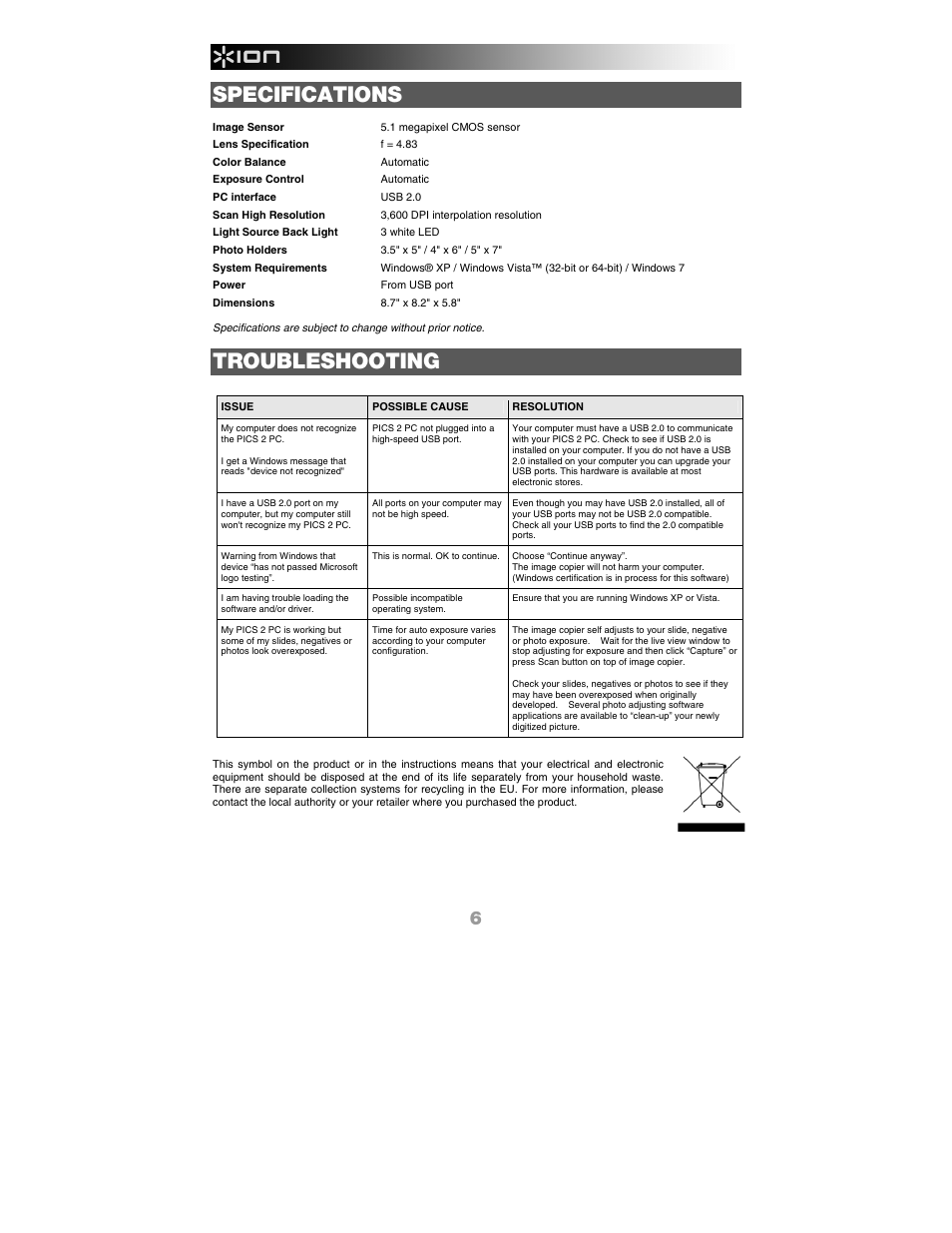 Specifications, Troubleshooting | ION Audio Pics 2 PC User Manual | Page 8 / 40