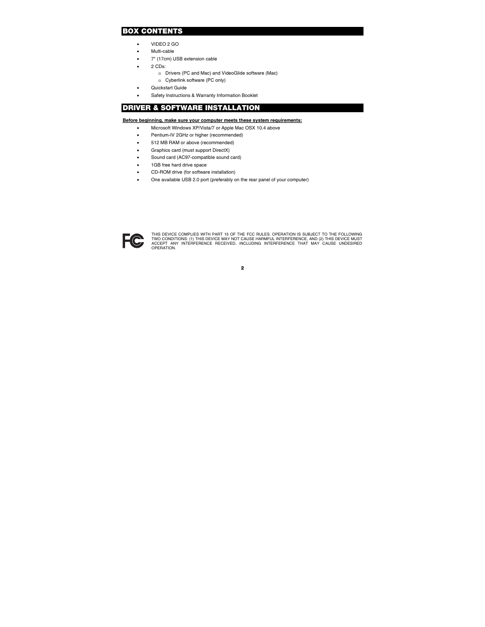 Box contents, Driver & software installation | ION Audio Video 2 Go User Manual | Page 2 / 56